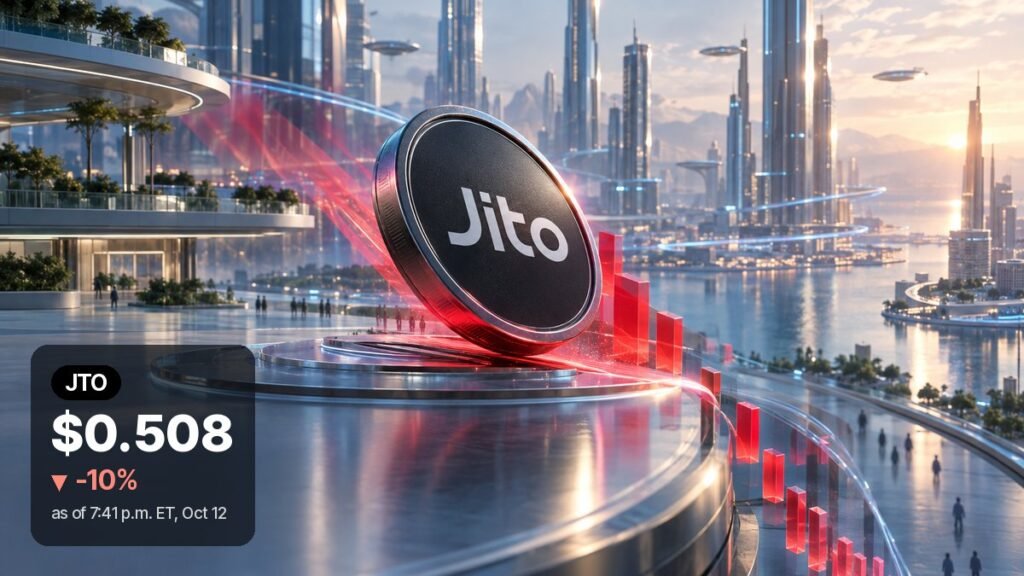 A dark Jito coin tilts on a glass platform in a futuristic waterfront city, with red light trails and falling red bars beside it.