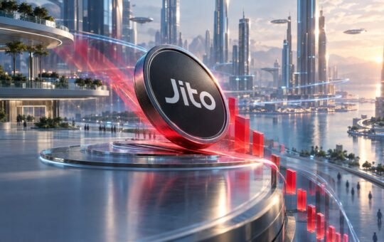A dark Jito coin tilts on a glass platform in a futuristic waterfront city, with red light trails and falling red bars beside it.