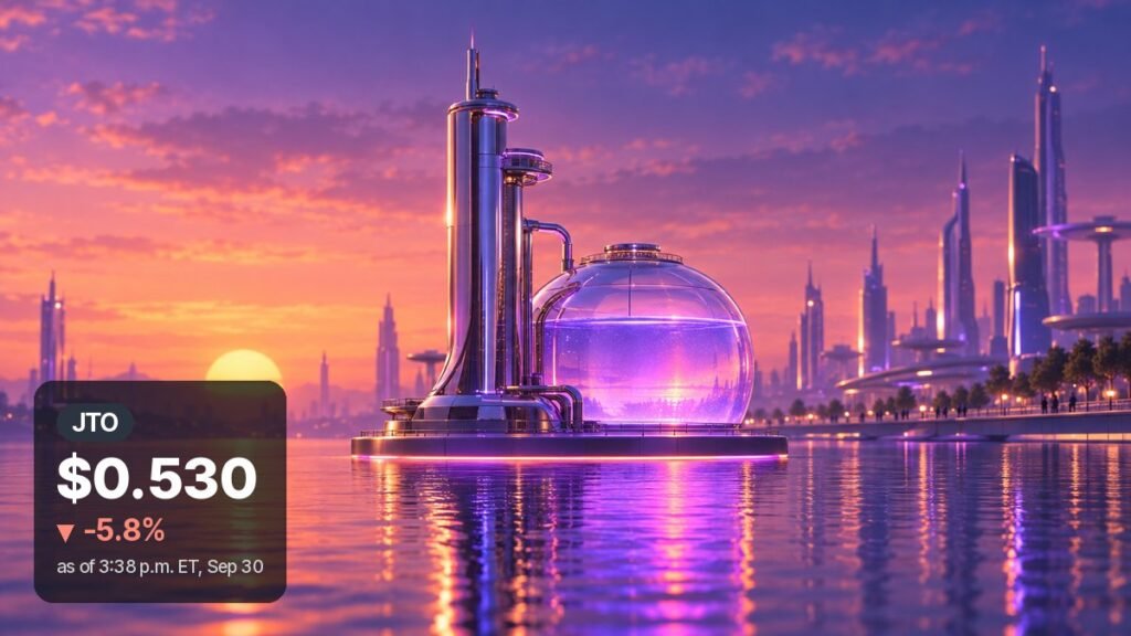 Chrome tower and glowing glass dome on calm water under a pink and violet sunset
