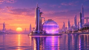 Chrome tower and glowing glass dome on calm water under a pink and violet sunset