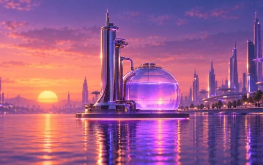 Chrome tower and glowing glass dome on calm water under a pink and violet sunset