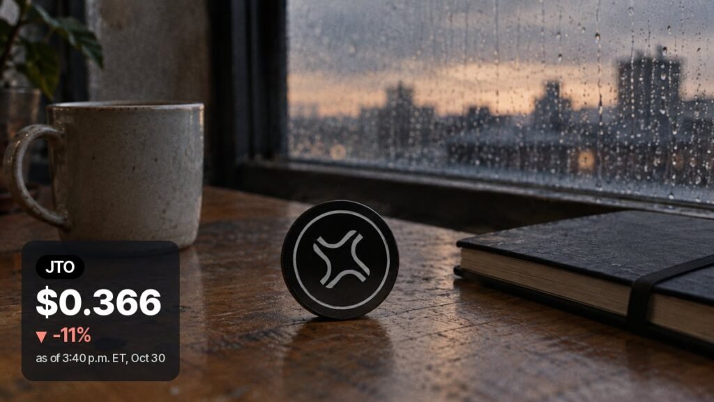 Photorealistic illustration: a black coin with a white curved X mark stands on a worn wooden desk by a rain-streaked window at dusk.