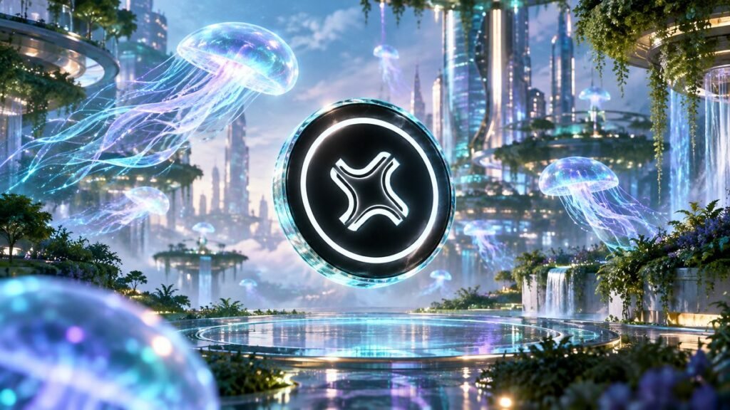Glowing jellyfish drift above a calm glass pool in a garden city around a large black coin with the Jito mark.