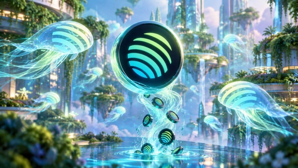 A dark coin with Jupiter Exchange's striped sphere mark hangs over a glowing pool as smaller matching coins spill into the water, with jellyfish drifting through a glass garden city.