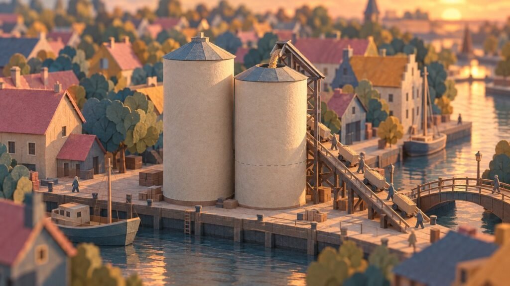 Paper-cut harbor town at sunset where workers push carts up a ramp to fill the shorter of two grain silos, which nearly matches the taller one beside it