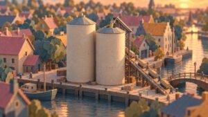 Paper-cut harbor town at sunset where workers push carts up a ramp to fill the shorter of two grain silos, which nearly matches the taller one beside it