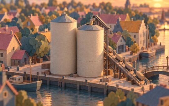 Paper-cut harbor town at sunset where workers push carts up a ramp to fill the shorter of two grain silos, which nearly matches the taller one beside it