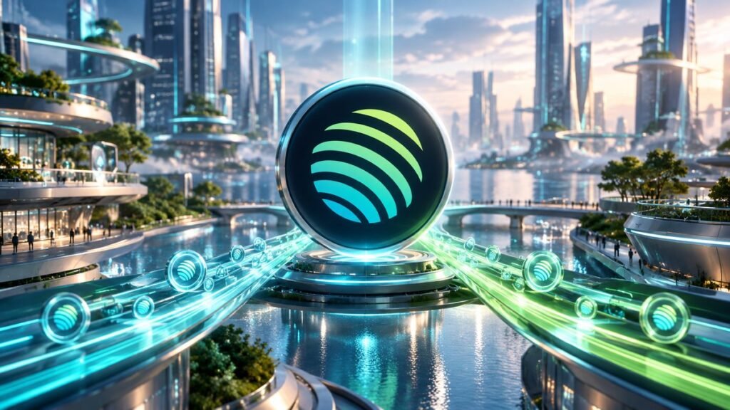A large dark coin with a lime-to-teal striped sphere emblem stands on a glowing platform while streams of light carry smaller matching coins toward it through a futuristic waterside city.