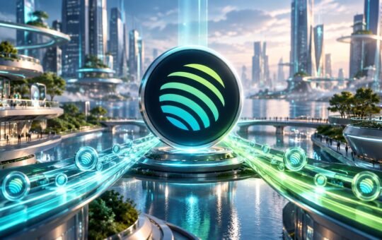 A large dark coin with a lime-to-teal striped sphere emblem stands on a glowing platform while streams of light carry smaller matching coins toward it through a futuristic waterside city.