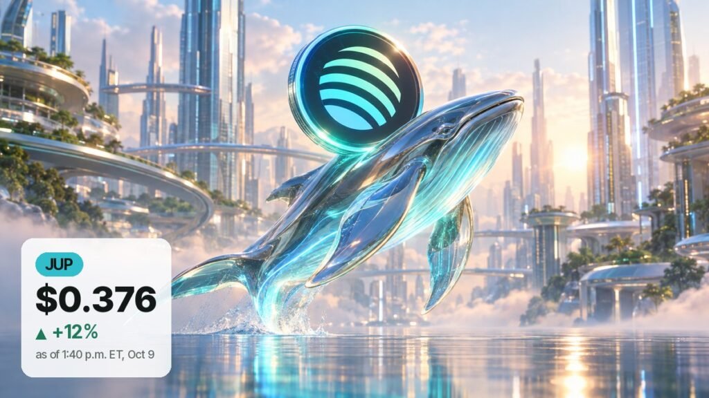 A chrome-and-glass whale leaps from calm water in a sunlit glass city, carrying a dark coin with teal arcs.