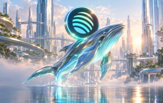 A chrome-and-glass whale leaps from calm water in a sunlit glass city, carrying a dark coin with teal arcs.
