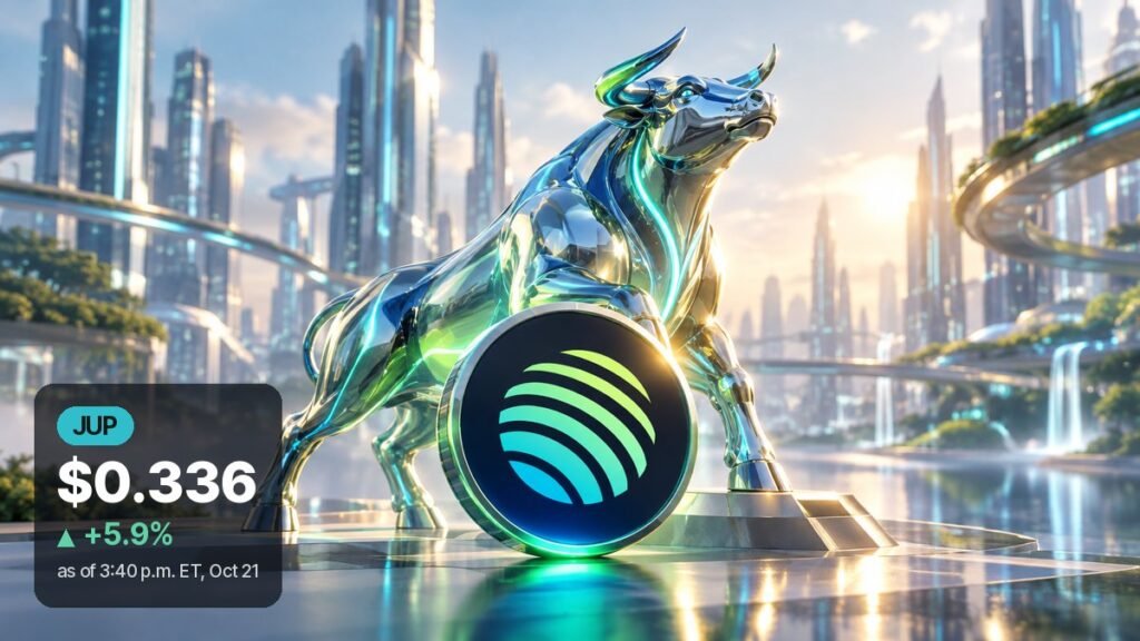 A polished chrome bull in a sunlit glass city leans on a large coin bearing a striped green-and-teal sphere logo.