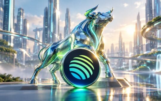 A polished chrome bull in a sunlit glass city leans on a large coin bearing a striped green-and-teal sphere logo.