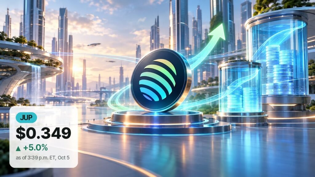 Futuristic waterfront city at sunrise with a large Jupiter coin on a glowing platform and a light trail curving upward past glass vaults filled with coins.