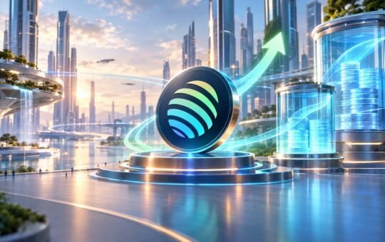 Futuristic waterfront city at sunrise with a large Jupiter coin on a glowing platform and a light trail curving upward past glass vaults filled with coins.