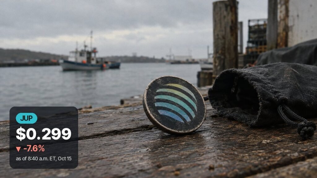 Photorealistic illustration: a dark coin with Jupiter's curved-stripe logo leans on a wet wooden dock beside a cloth pouch, a small fishing boat on gray water behind it.