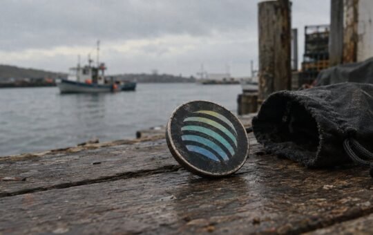 Photorealistic illustration: a dark coin with Jupiter's curved-stripe logo leans on a wet wooden dock beside a cloth pouch, a small fishing boat on gray water behind it.