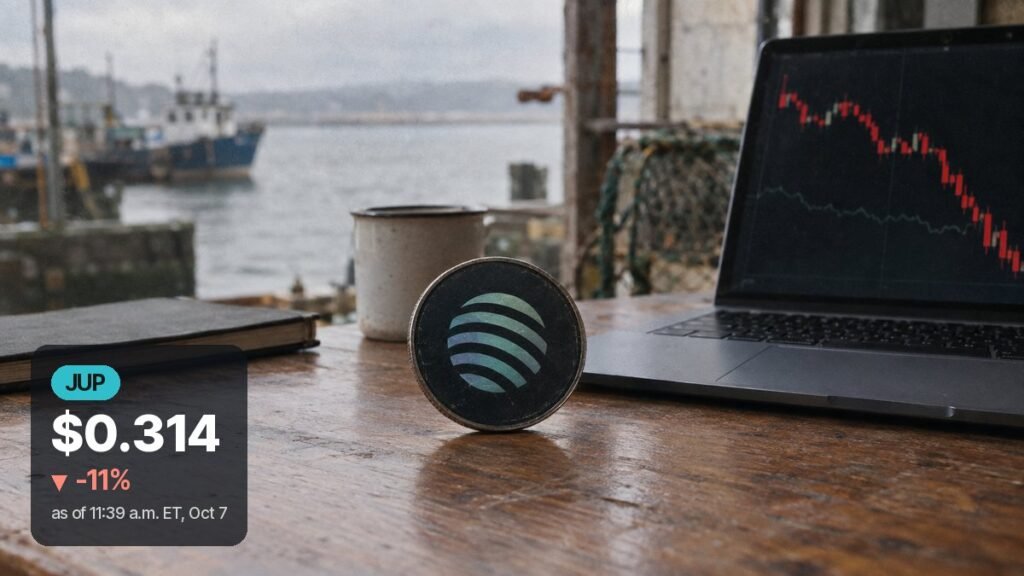 Photorealistic illustration: a dark coin with the Jupiter emblem stands on a worn wooden table by a gray harbor, beside an enamel mug and a laptop showing a red price chart.