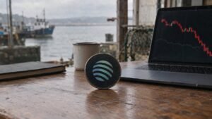 Photorealistic illustration: a dark coin with the Jupiter emblem stands on a worn wooden table by a gray harbor, beside an enamel mug and a laptop showing a red price chart.