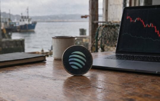 Photorealistic illustration: a dark coin with the Jupiter emblem stands on a worn wooden table by a gray harbor, beside an enamel mug and a laptop showing a red price chart.