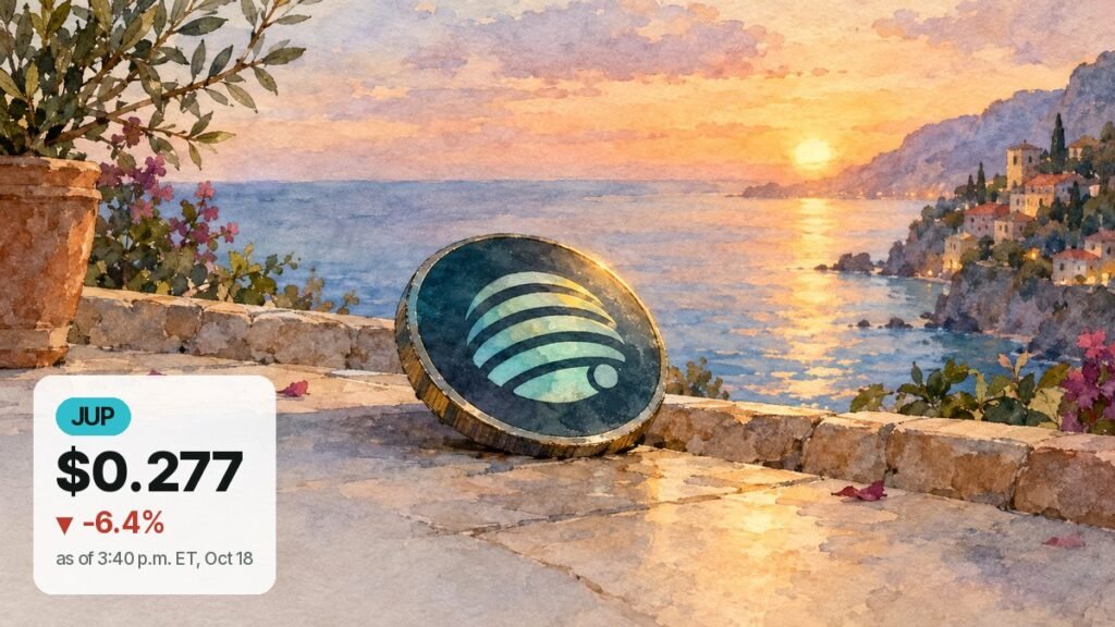 Watercolor illustration of a dark Jupiter Exchange coin resting on a stone seaside terrace at sunset, with a hillside town and calm sea behind it.