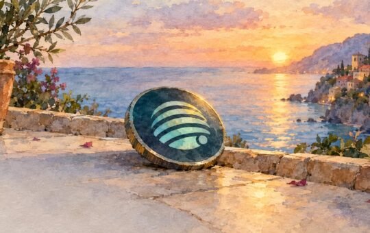 Watercolor illustration of a dark Jupiter Exchange coin resting on a stone seaside terrace at sunset, with a hillside town and calm sea behind it.