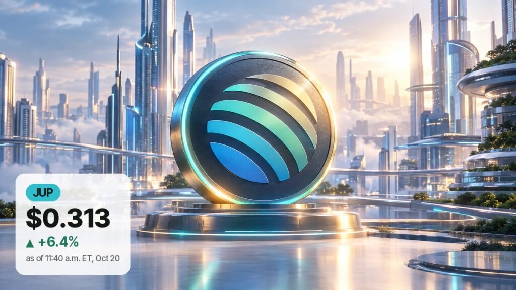 A large metallic coin with Jupiter's striped teal and blue mark stands on a glowing round platform in the center of a sunlit glass city by calm water.