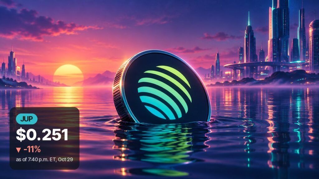 A dark coin with a lime-to-teal striped sphere mark sits half sunk in calm water at a neon sunset, chrome towers on both shores.