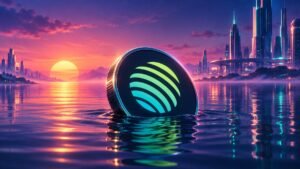 A dark coin with a lime-to-teal striped sphere mark sits half sunk in calm water at a neon sunset, chrome towers on both shores.