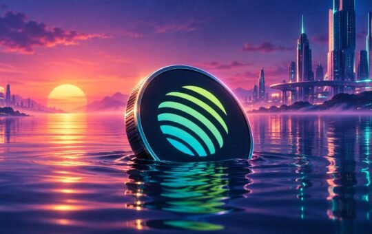 A dark coin with a lime-to-teal striped sphere mark sits half sunk in calm water at a neon sunset, chrome towers on both shores.
