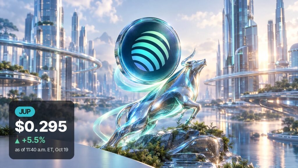 A chrome bull leaps up a glassy rock toward a large glowing coin in a sunlit future city of glass towers and water.