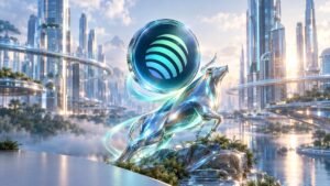 A chrome bull leaps up a glassy rock toward a large glowing coin in a sunlit future city of glass towers and water.