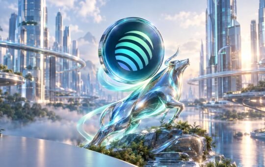 A chrome bull leaps up a glassy rock toward a large glowing coin in a sunlit future city of glass towers and water.