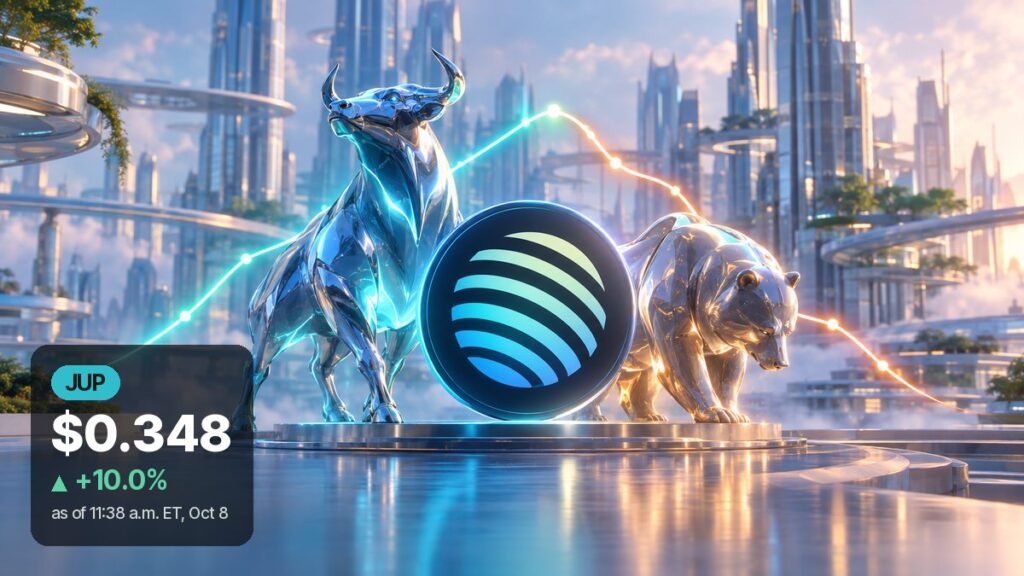 A chrome bull and a chrome bear stand on either side of a coin with the Jupiter emblem in a glass city, under a glowing trail that rises and then dips.
