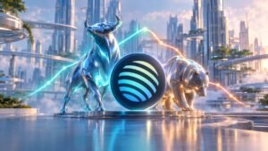 A chrome bull and a chrome bear stand on either side of a coin with the Jupiter emblem in a glass city, under a glowing trail that rises and then dips.