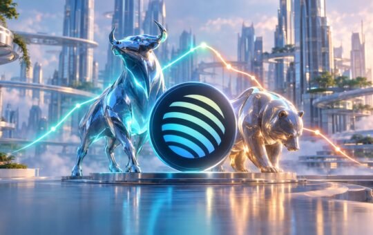 A chrome bull and a chrome bear stand on either side of a coin with the Jupiter emblem in a glass city, under a glowing trail that rises and then dips.