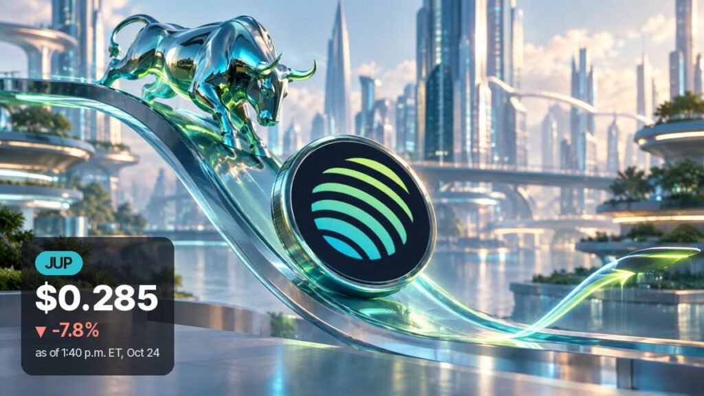 A chrome bull follows a dark coin with Jupiter's striped green-to-teal sphere logo as it rolls down a curved glass ramp in a sunlit city of glass towers.