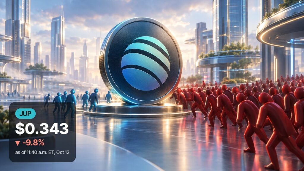 Futuristic city plaza with a large dark coin bearing a teal striped emblem in the center, a crowd of red figures leaning against it from the right and a few blue figures on the left.