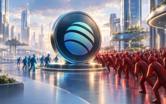 Futuristic city plaza with a large dark coin bearing a teal striped emblem in the center, a crowd of red figures leaning against it from the right and a few blue figures on the left.