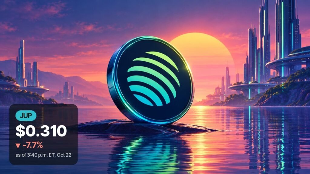 A chrome coin with Jupiter Exchange's striped green-and-cyan logo leans on a rock in calm water at sunset, between glowing towers.
