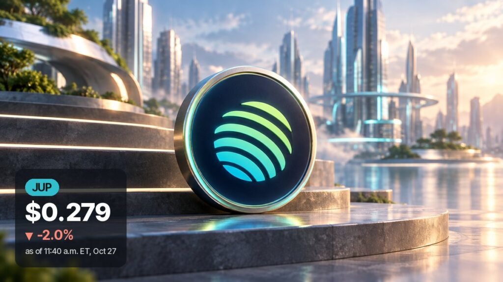 A dark coin with Jupiter's striped lime-to-teal sphere logo rests on stone steps in a sunlit glass city by the water.