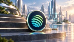 A dark coin with Jupiter's striped lime-to-teal sphere logo rests on stone steps in a sunlit glass city by the water.