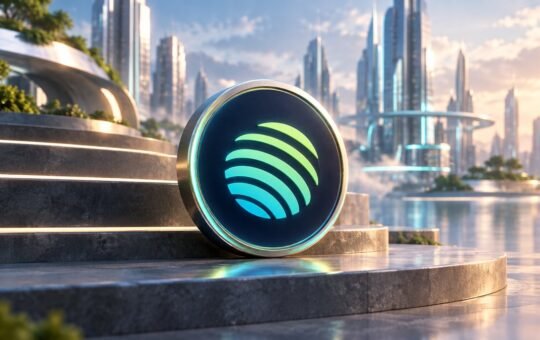 A dark coin with Jupiter's striped lime-to-teal sphere logo rests on stone steps in a sunlit glass city by the water.