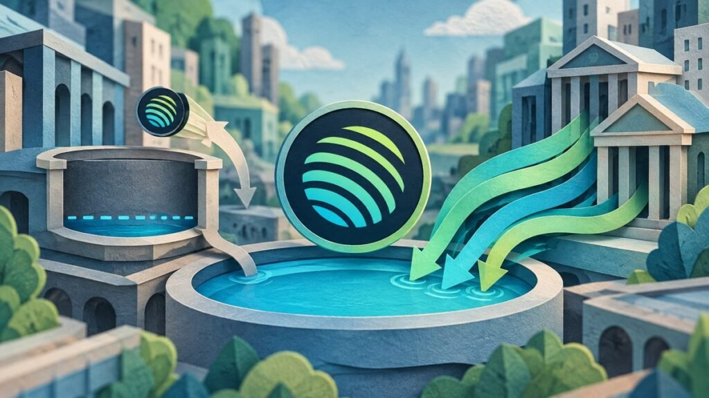 Paper-cut city where ribbons of light flow from a columned bank into a round pool under a large Jupiter coin, as a smaller coin drops toward a low tank at left.