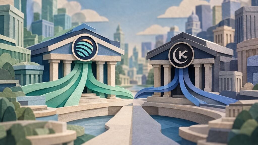 Two paper-cut bank buildings stand side by side in a paper city, one with a teal-striped emblem and wide green ribbons spilling down its steps, the other darker with thinner blue ribbons.