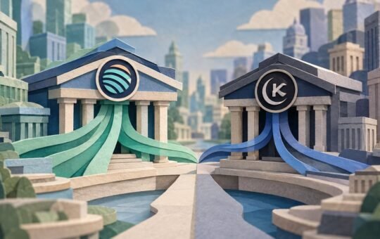 Two paper-cut bank buildings stand side by side in a paper city, one with a teal-striped emblem and wide green ribbons spilling down its steps, the other darker with thinner blue ribbons.