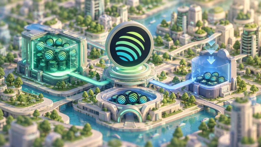 An isometric miniature city with canals, where glass vaults full of striped teal-and-lime tokens surround a large token emblem on a central plinth.