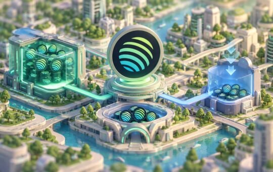 An isometric miniature city with canals, where glass vaults full of striped teal-and-lime tokens surround a large token emblem on a central plinth.