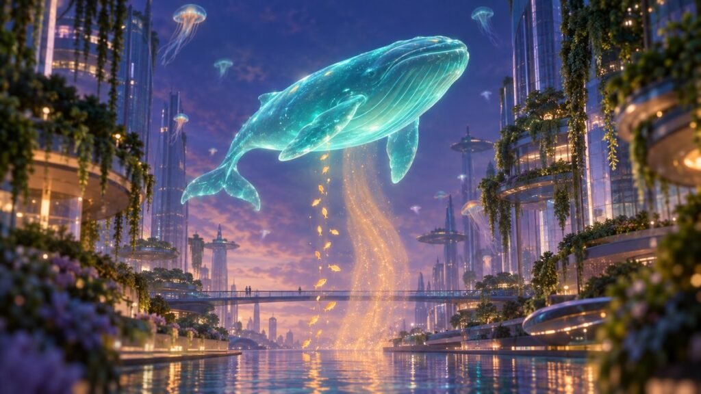 Glowing translucent whale floats over a future harbor city at dusk while a thin stream of amber fish rises into it beside a wider faded trail.