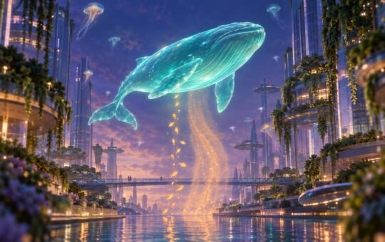 Glowing translucent whale floats over a future harbor city at dusk while a thin stream of amber fish rises into it beside a wider faded trail.